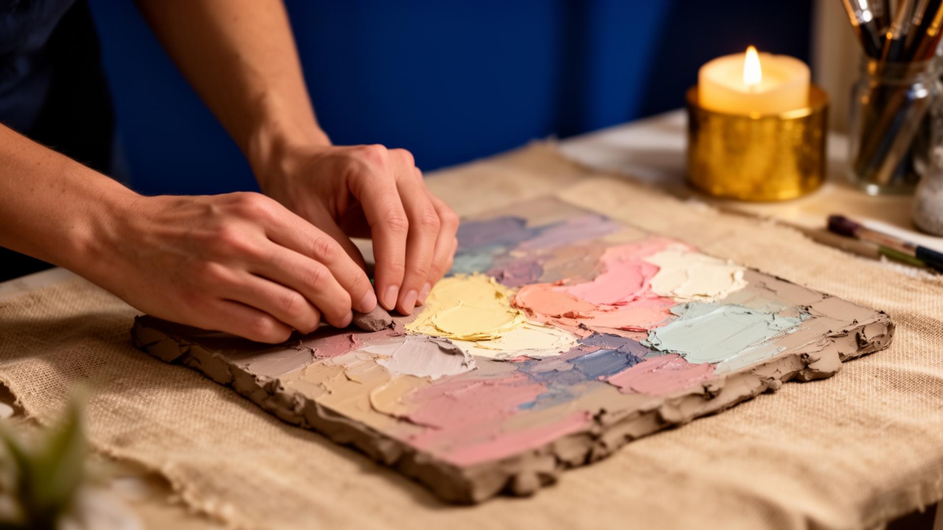 Hands creating textured therapeutic artwork beside a candle
