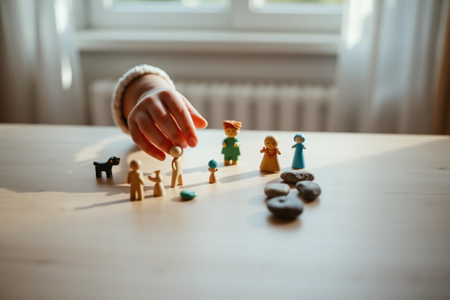 Small wooden figurines arranged thoughtfully on a surface