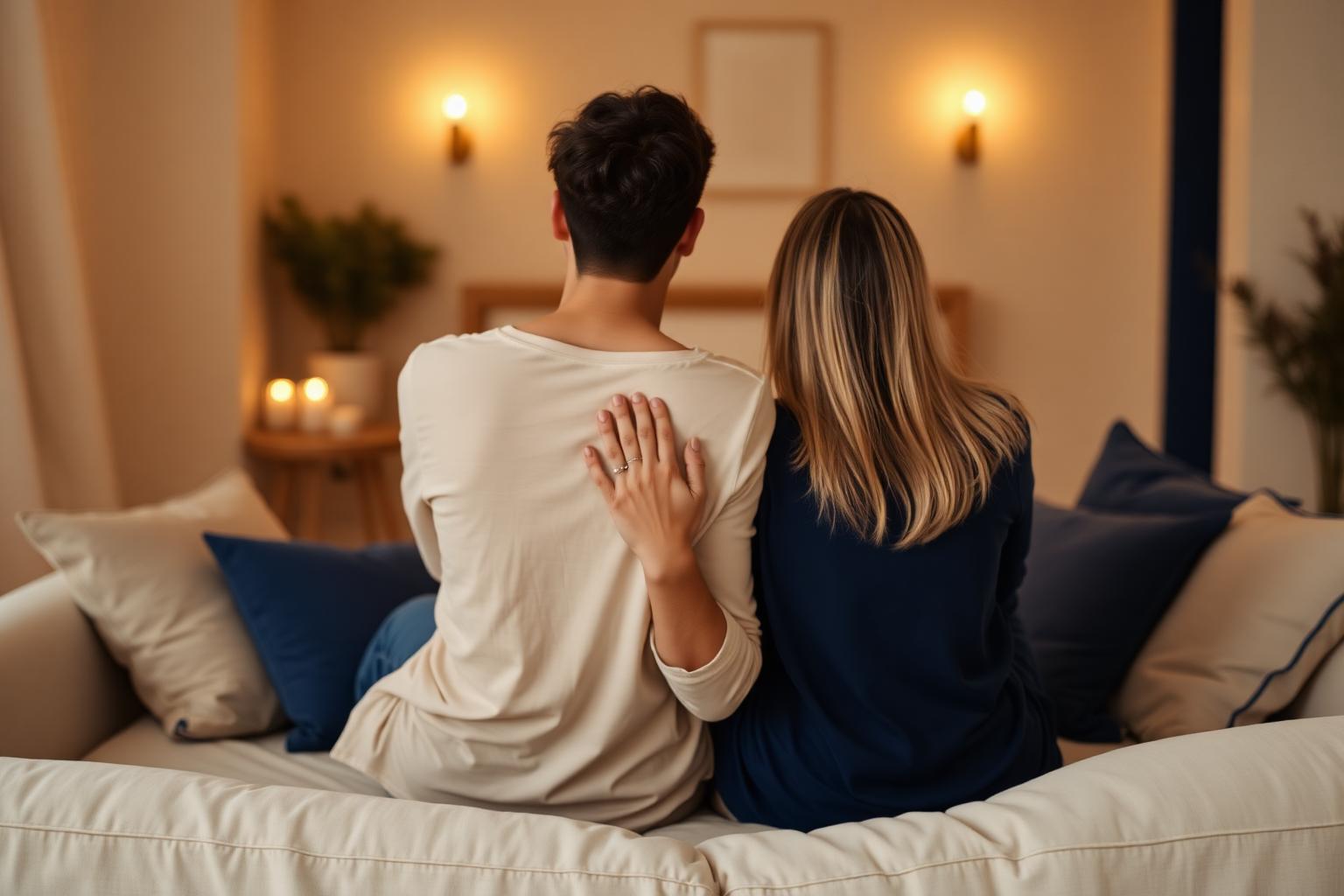 A couple sitting together in a quiet, warm space